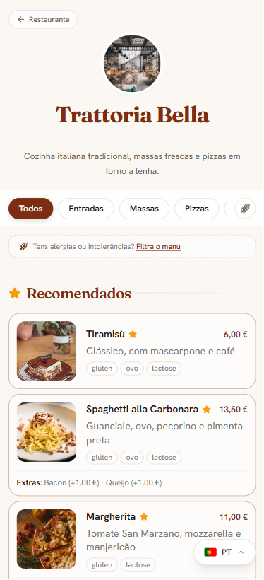 Menu Trattoria Bella no telemóvel