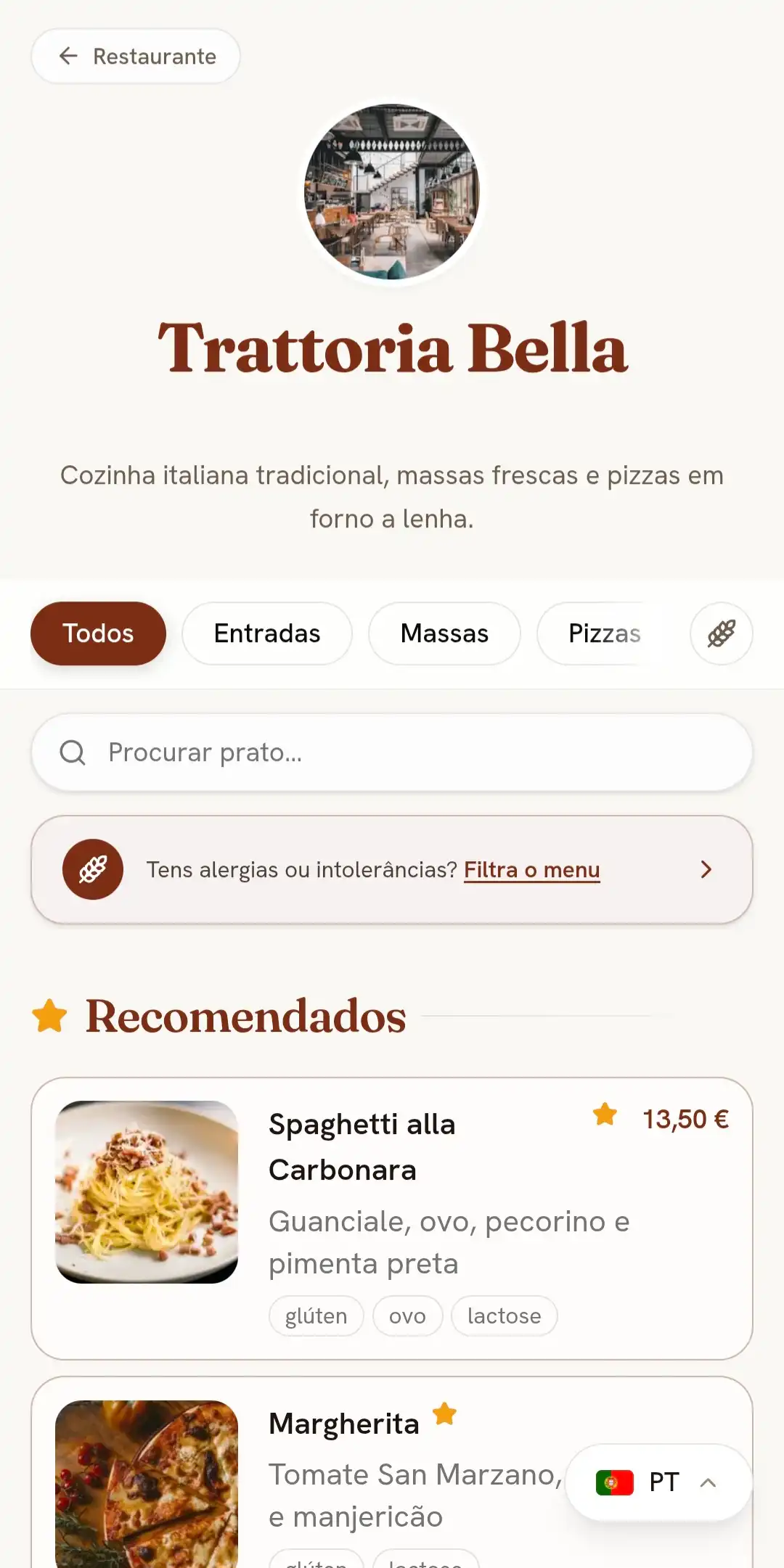 Menu digital no telemóvel